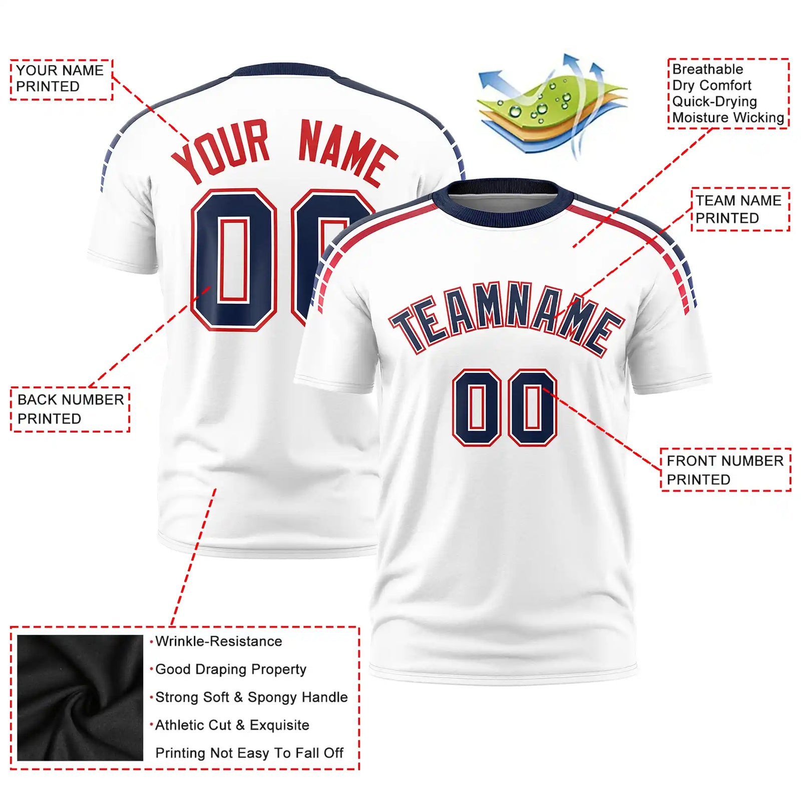 Custom White Navy-Red Performance T-Shirt