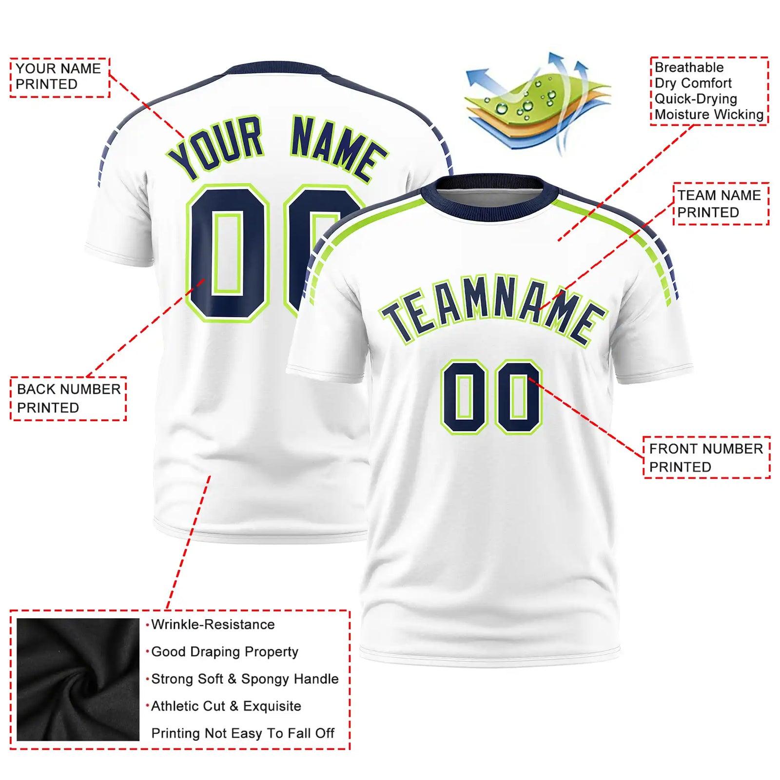 Custom White Navy-Neon Green Performance T-Shirt