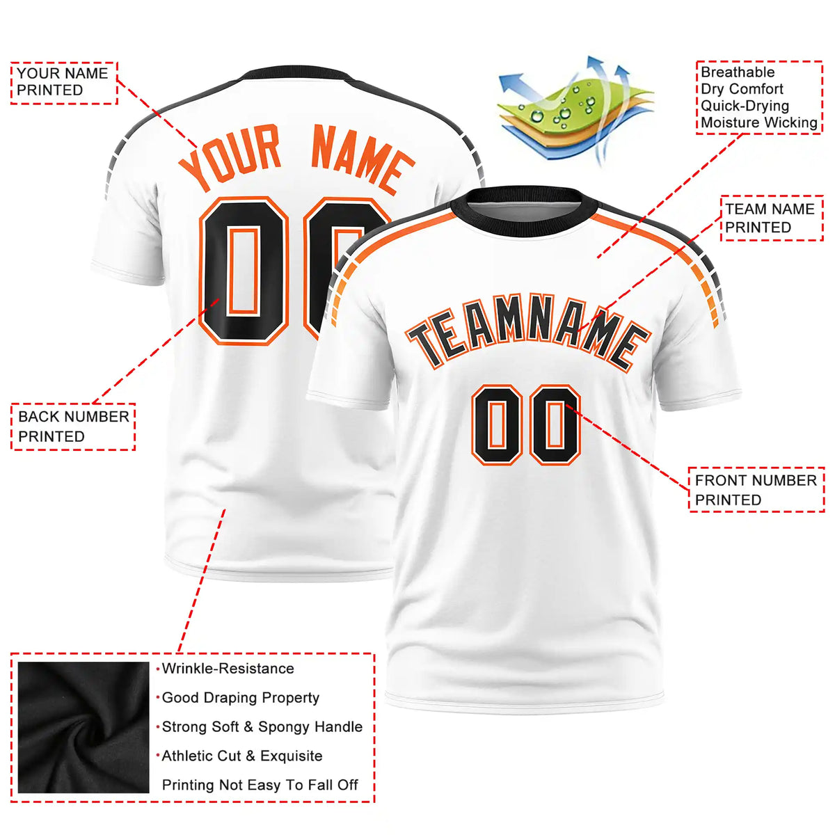 Custom White Black-Orange Performance T-Shirt