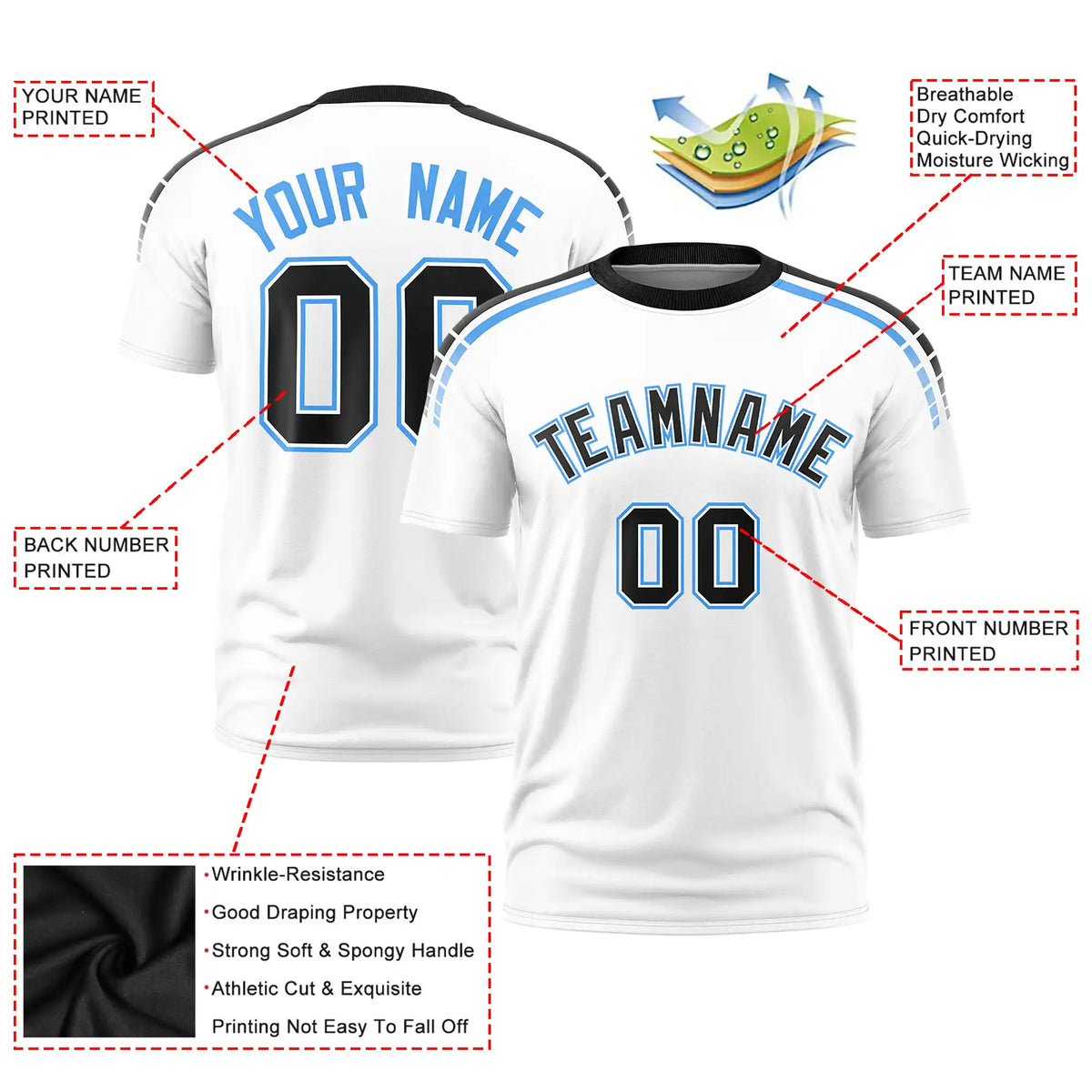 Custom White Black-Powder Blue Performance T-Shirt