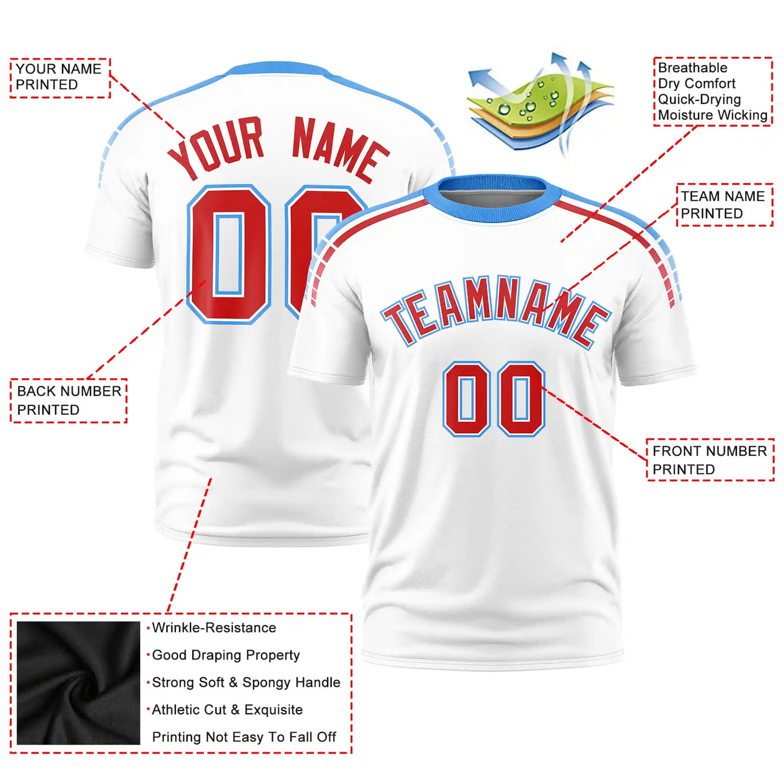 Custom White Powder Blue-Red Performance T-Shirt