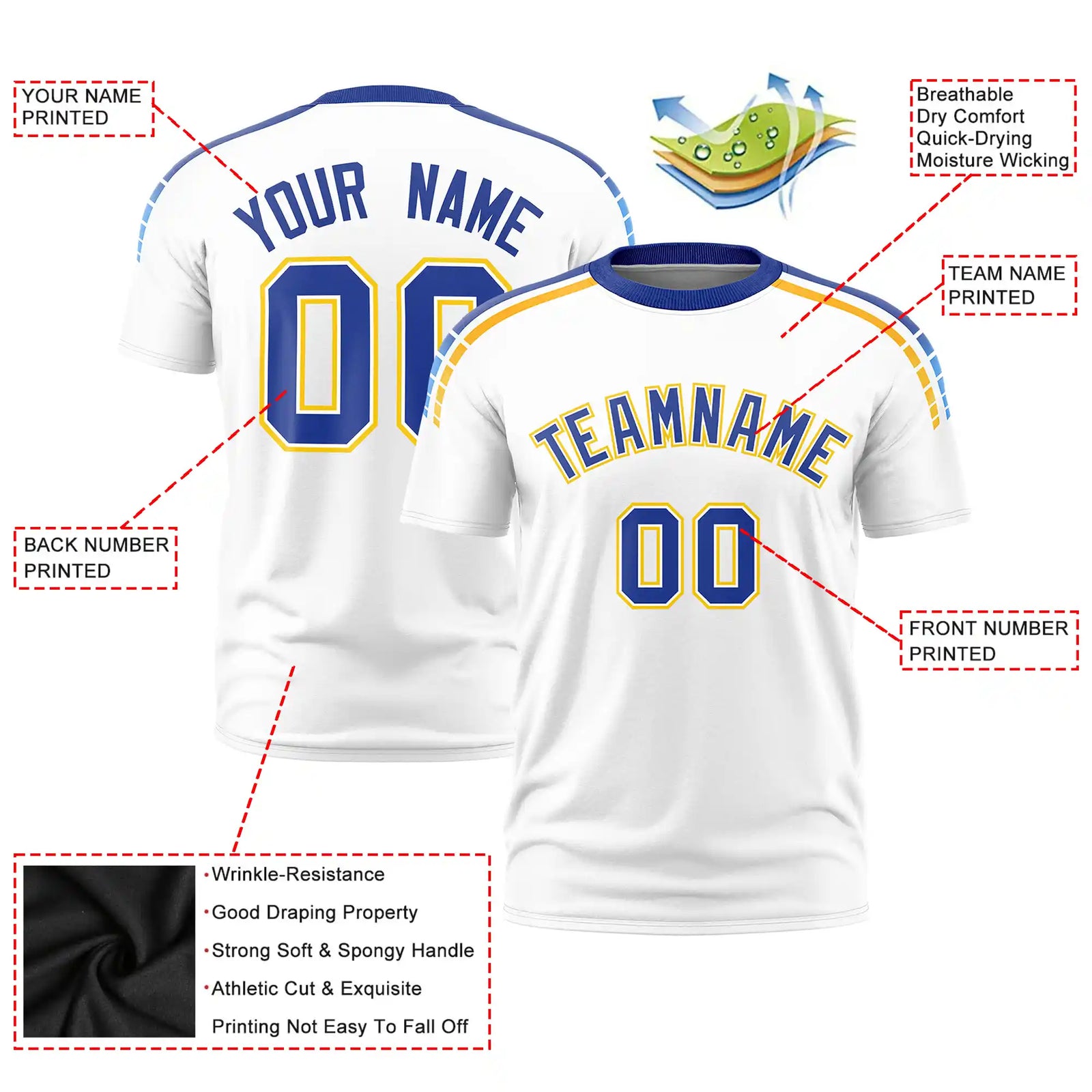 Custom White Royal Blue-Gold01 Performance T-Shirt