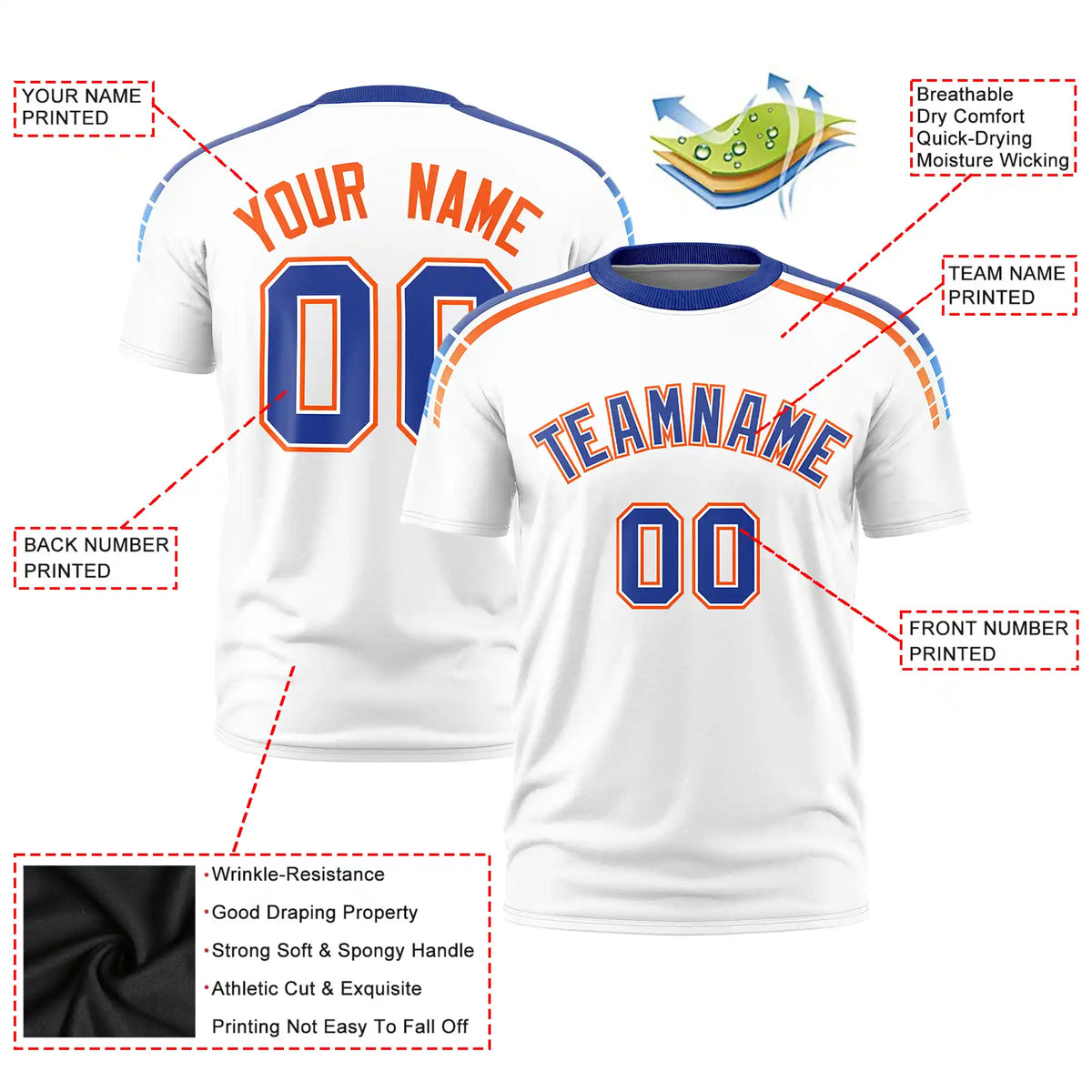 Custom White Royal Blue-Orange Performance T-Shirt