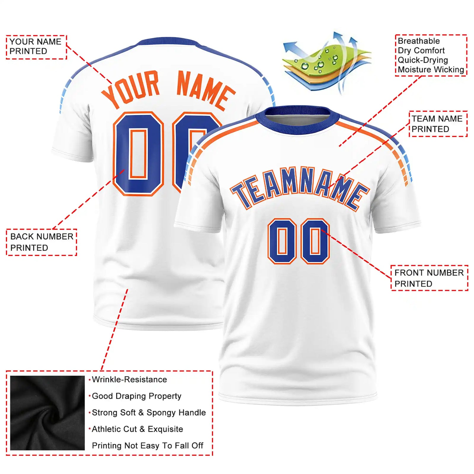 Custom White Royal Blue-Orange Performance T-Shirt