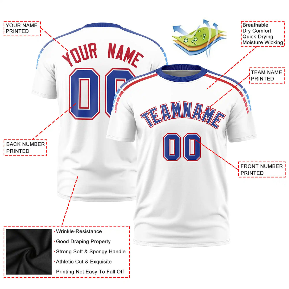 Custom White Royal Blue-Red Performance T-Shirt