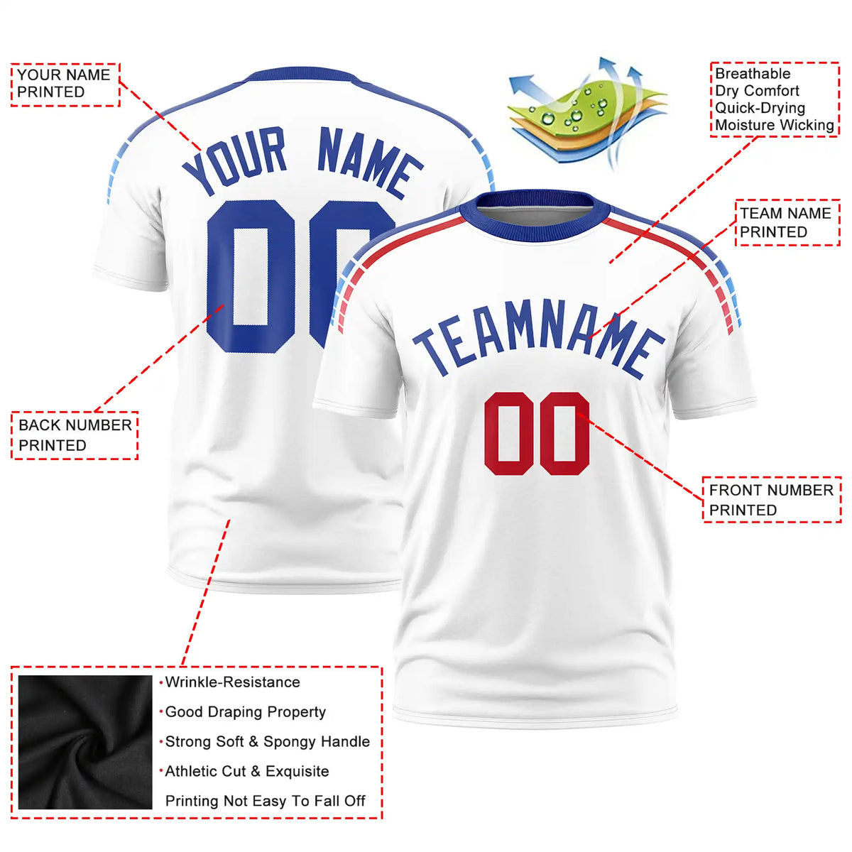 Custom White Royal Blue-Red Performance T-Shirt