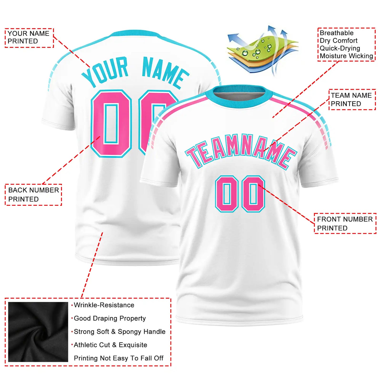 Custom White Sky Blue-Pink Performance T-Shirt