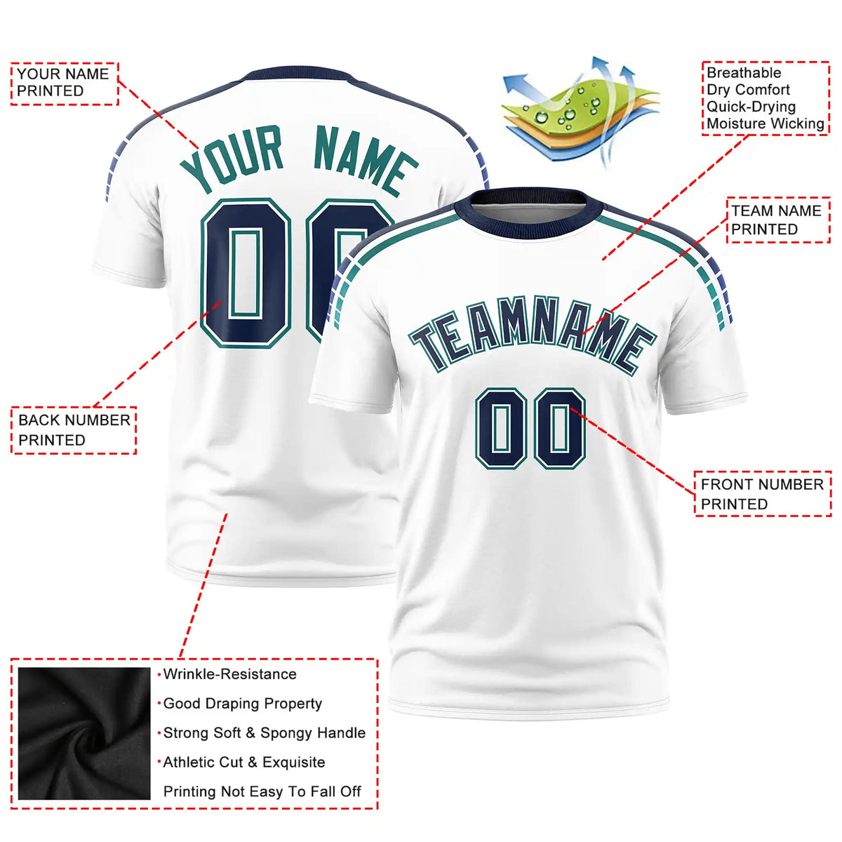 Custom White Navy-Aqua Performance T-Shirt