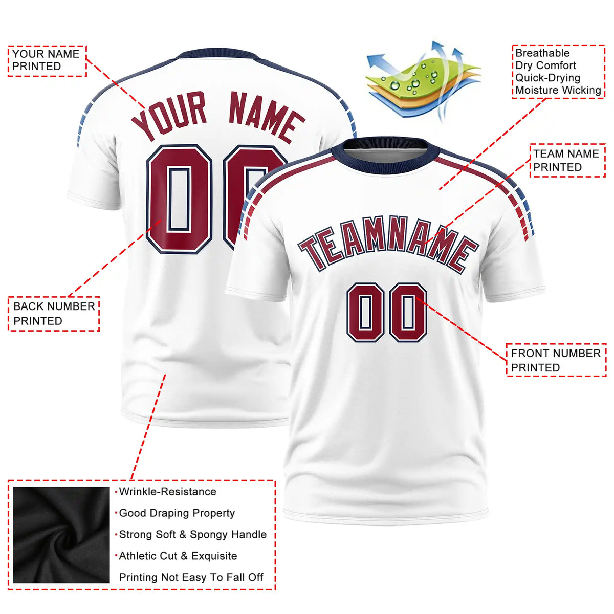 Custom White Navy-Crimson Performance T-Shirt