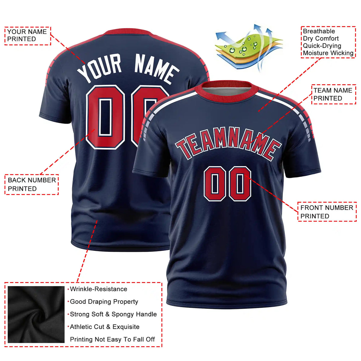 Custom Navy Red-White Performance T-Shirt