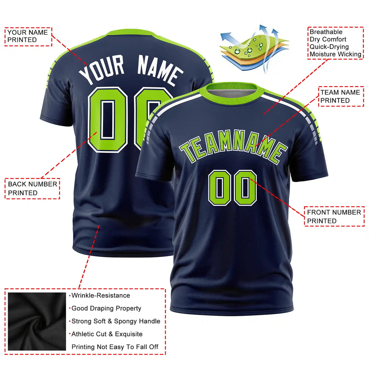 Custom Navy Neon Green-White Performance T-Shirt