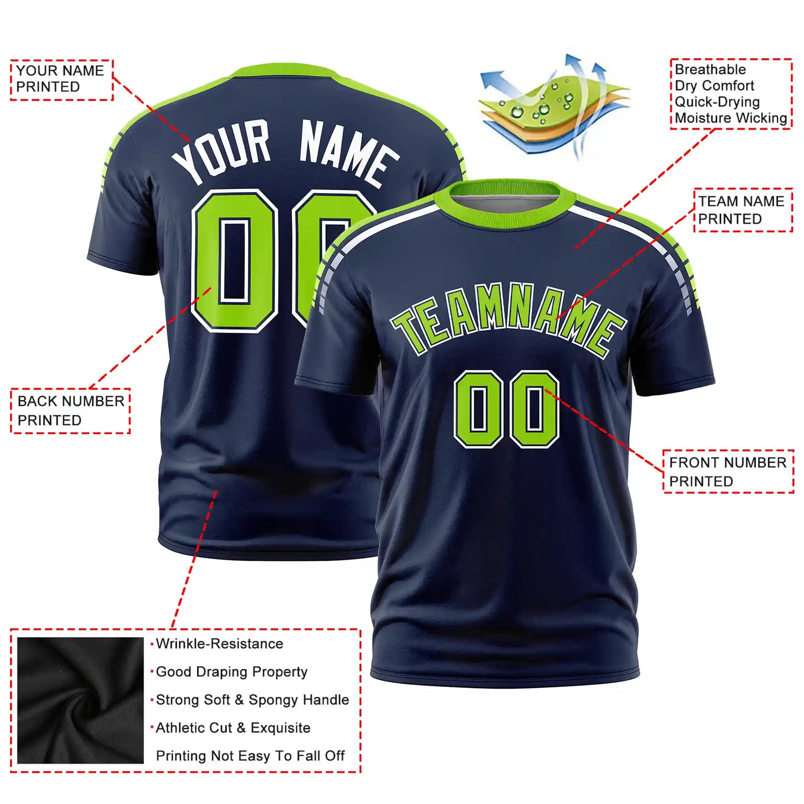 Custom Navy Neon Green-White Performance T-Shirt