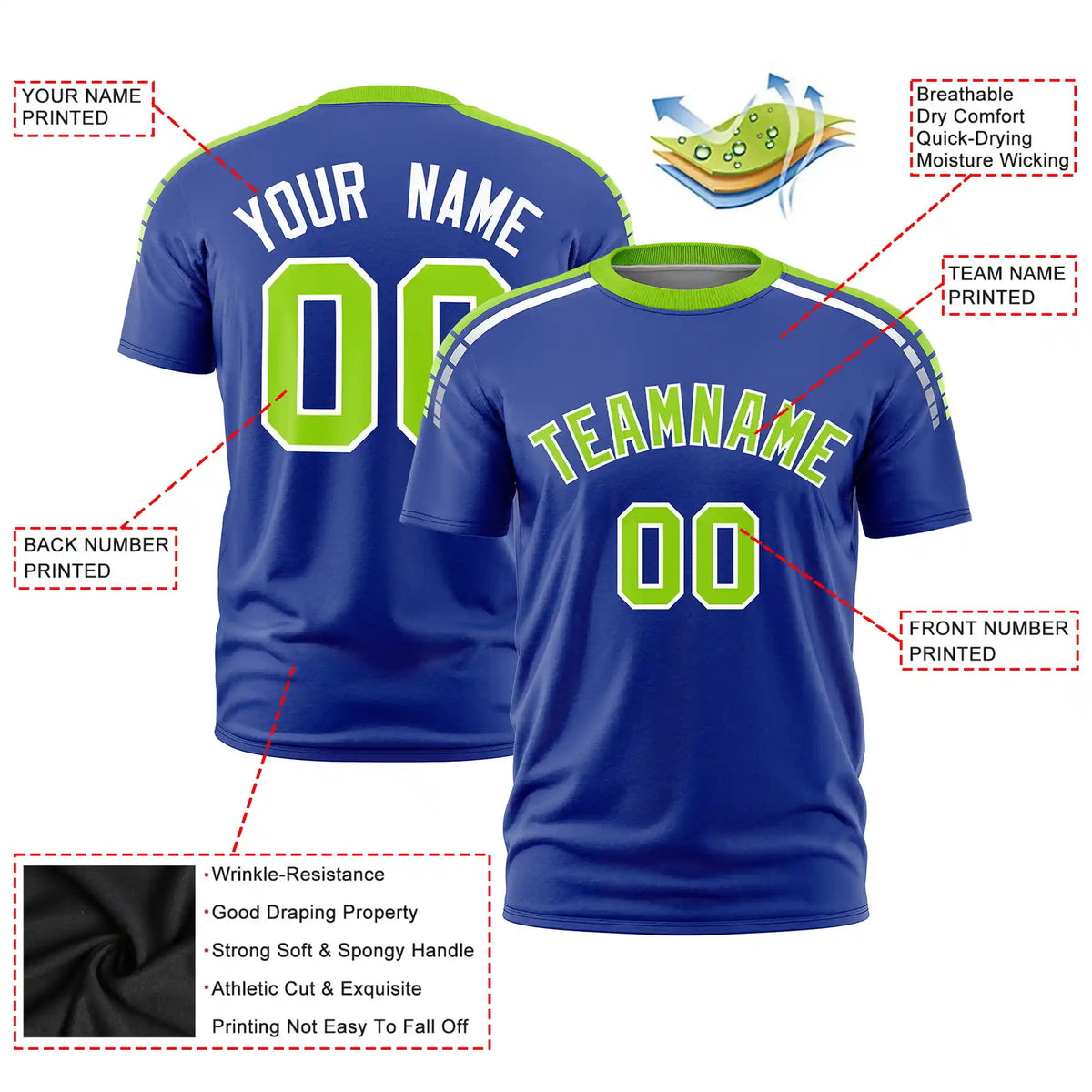 Custom Royal Blue Neon Green-White Performance T-Shirt