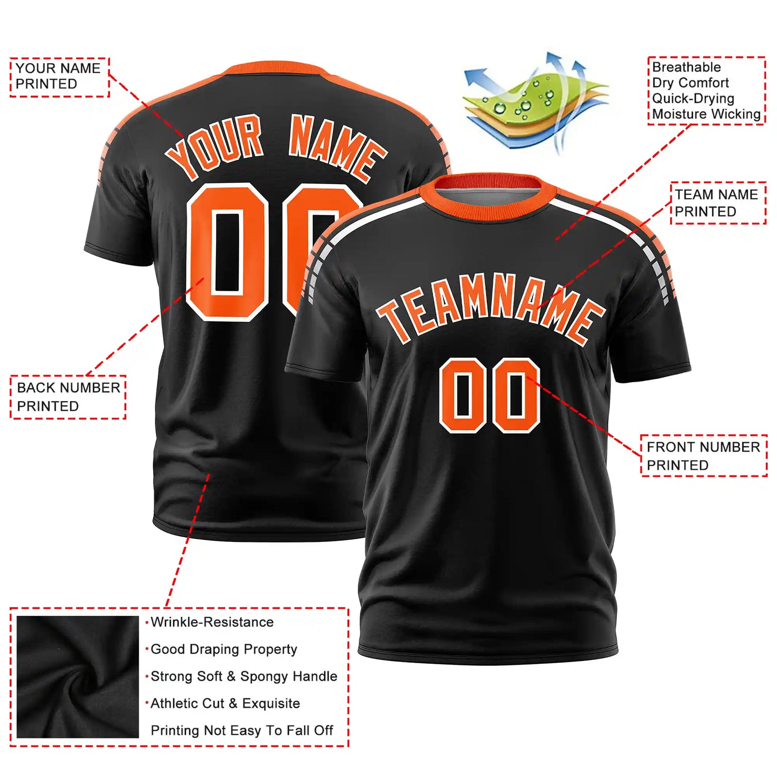 Custom Black Orange-White Performance T-Shirt