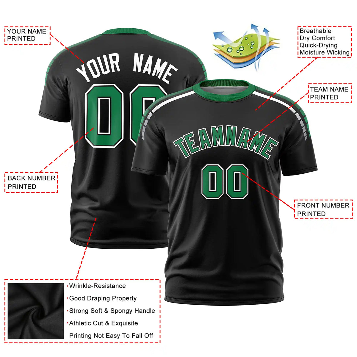 Custom Black Kelly Green-White Performance T-Shirt