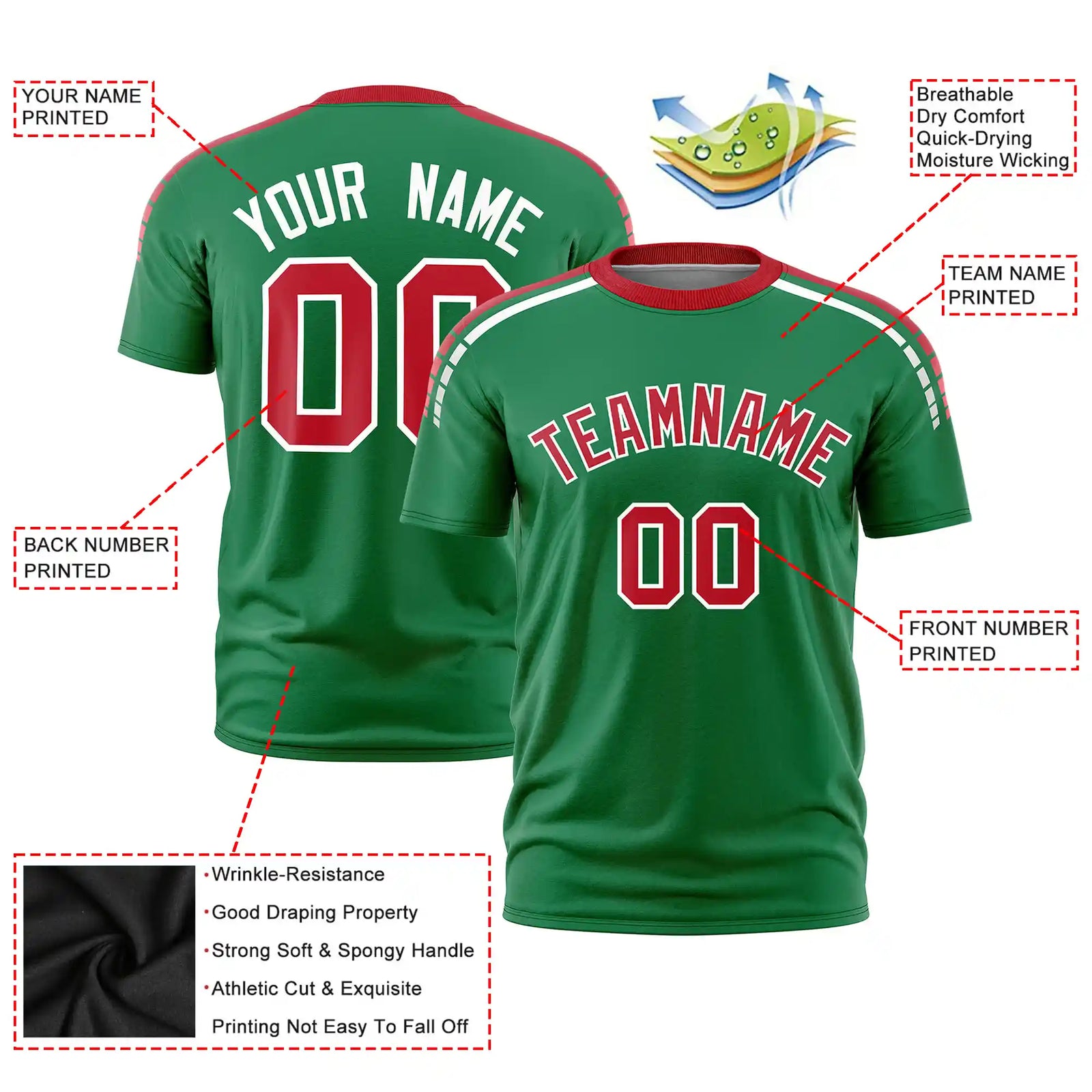 Custom Kelly Green Red-White Performance T-Shirt