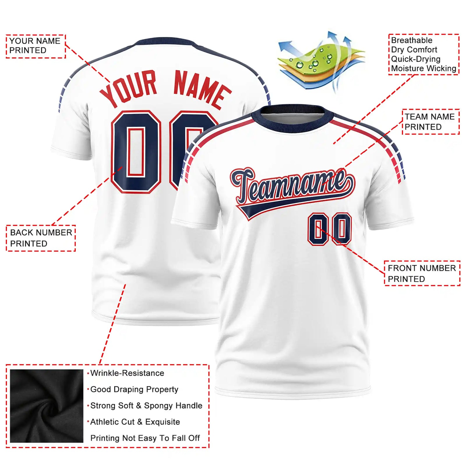 Custom White Navy-Red Performance T-Shirt