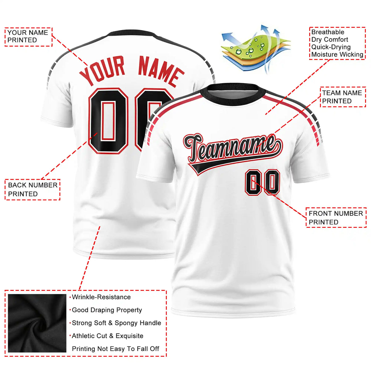 Custom White Black-Red Performance T-Shirt