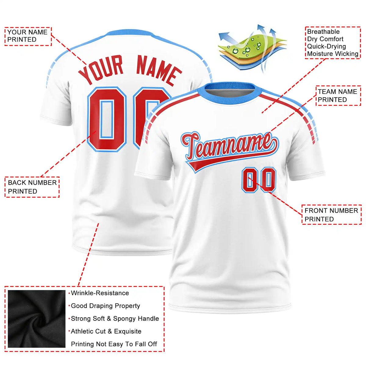 Custom White Powder Blue-Red Performance T-Shirt