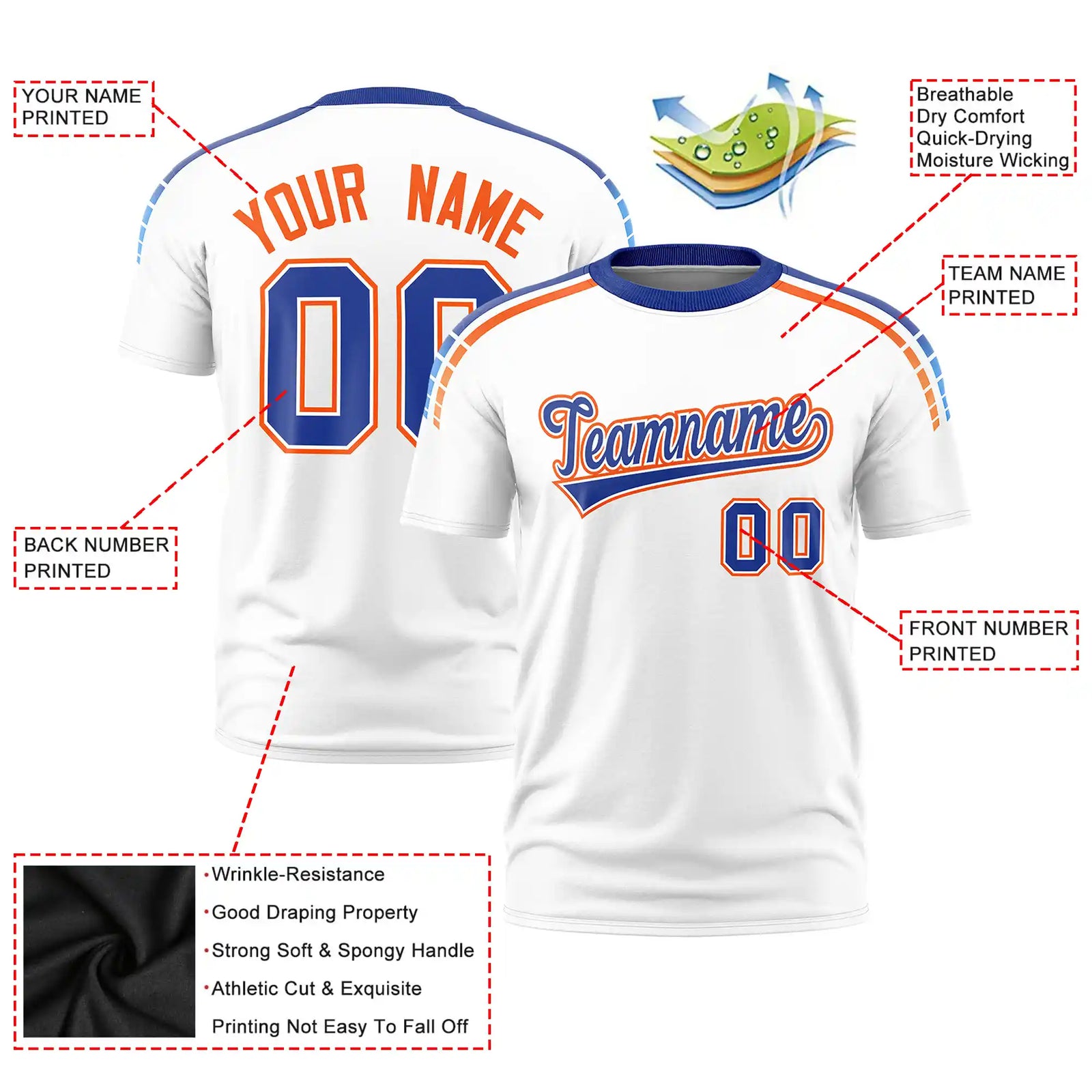 Custom White Royal Blue-Orange Performance T-Shirt