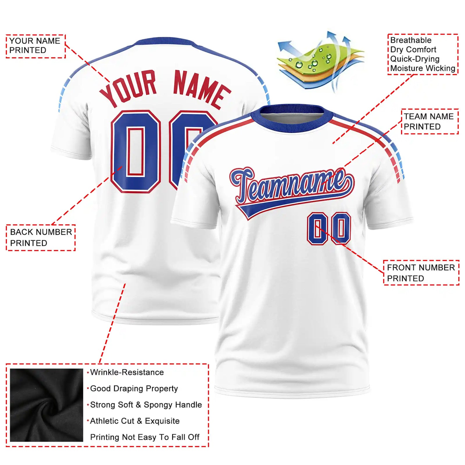 Custom White Royal Blue-Red Performance T-Shirt