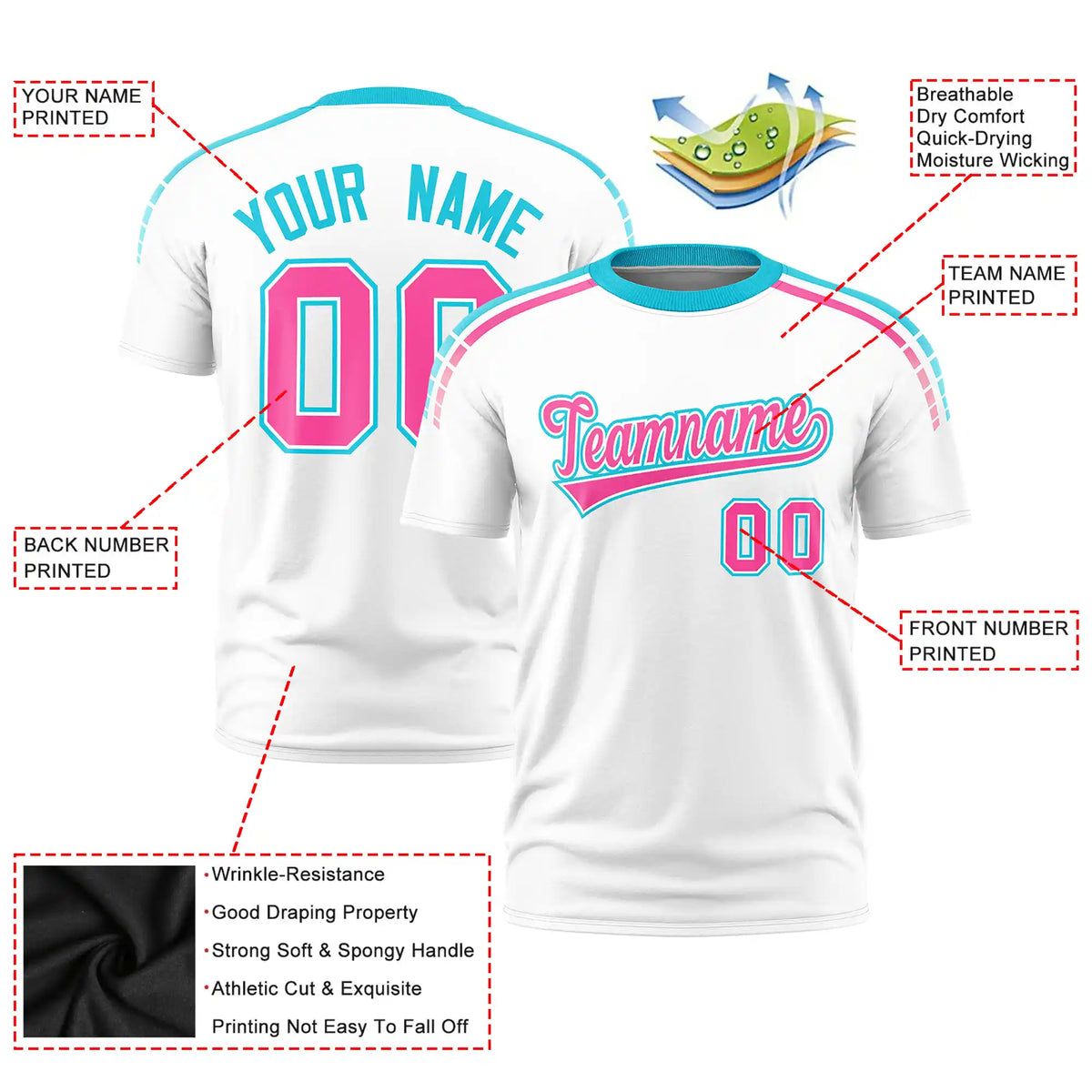 Custom White Sky Blue-Pink Performance T-Shirt