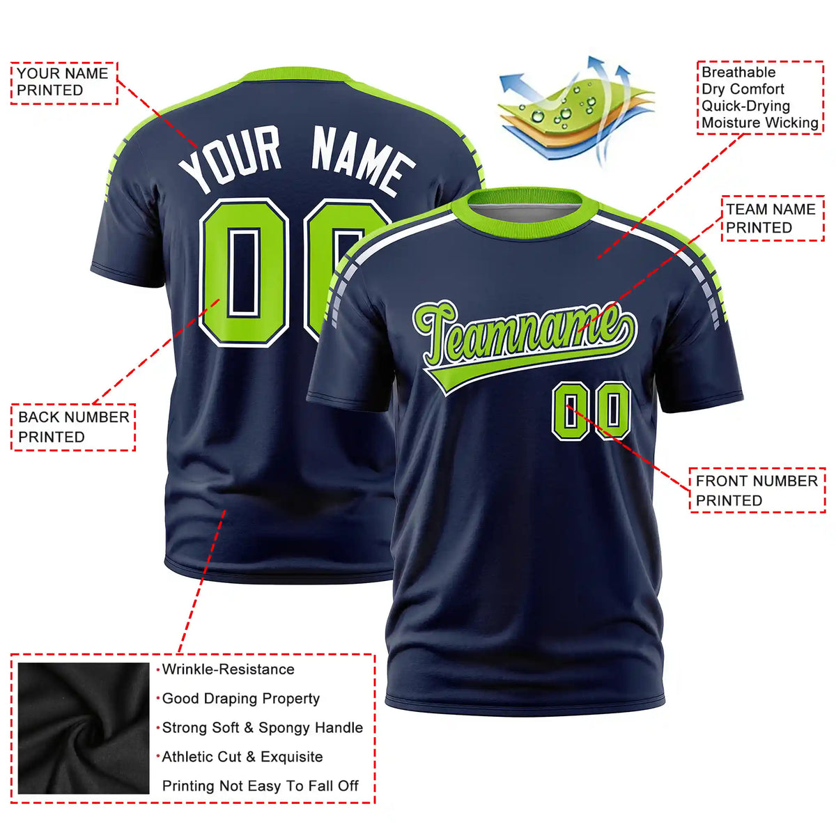 Custom Navy Neon Green-White Performance T-Shirt