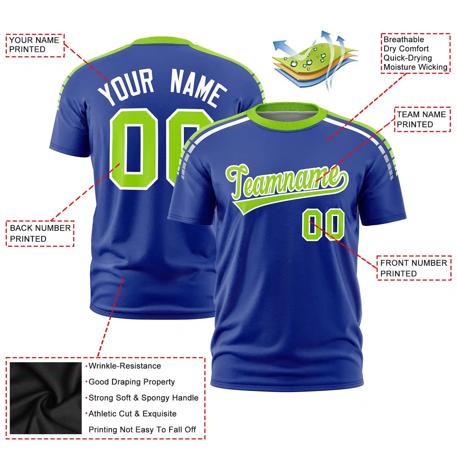 Custom Royal Blue Neon Green-White Performance T-Shirt