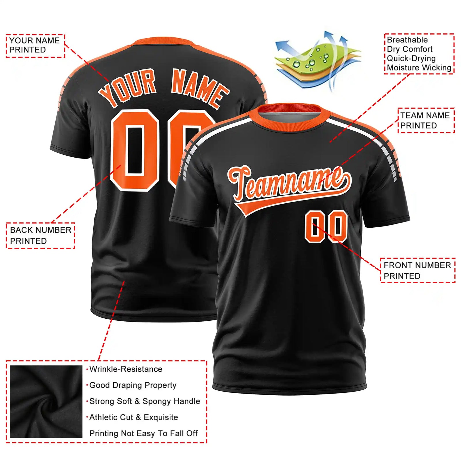 Custom Black Orange-White Performance T-Shirt
