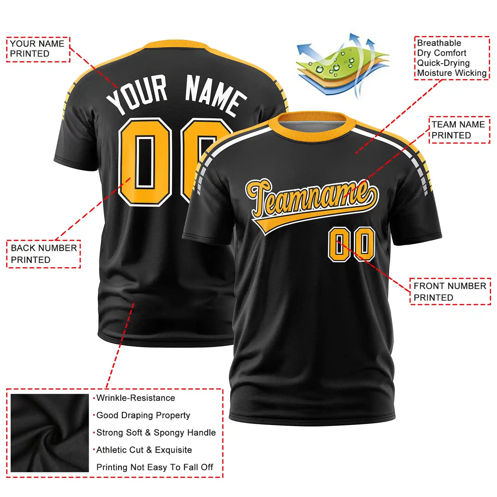 Custom Black Yellow-White Performance T-Shirt