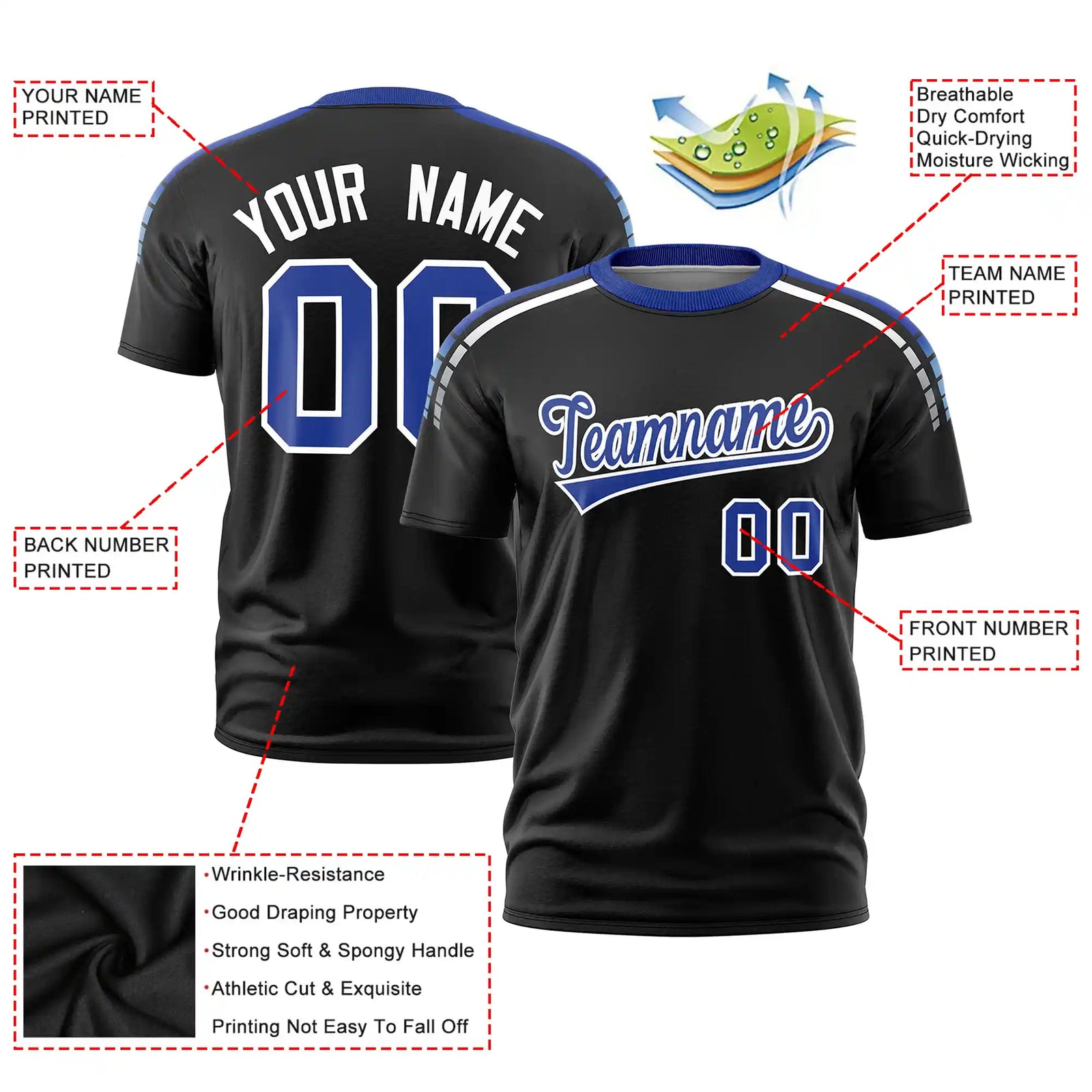 Custom Black Royal Blue-White Performance T-Shirt