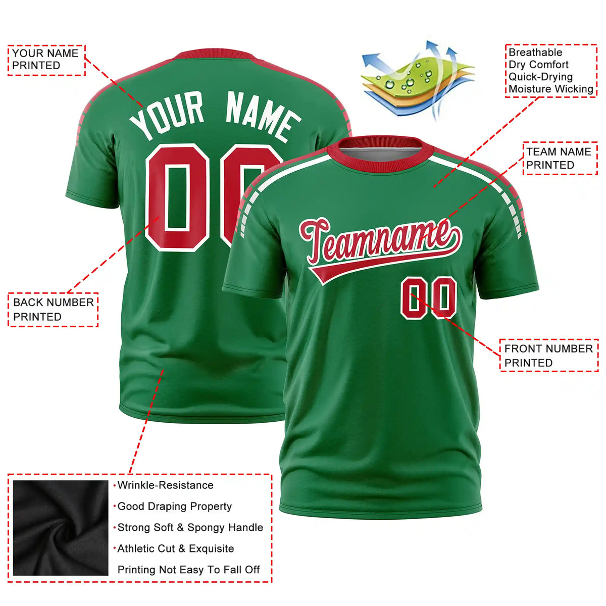 Custom Kelly Green Red-White Performance T-Shirt