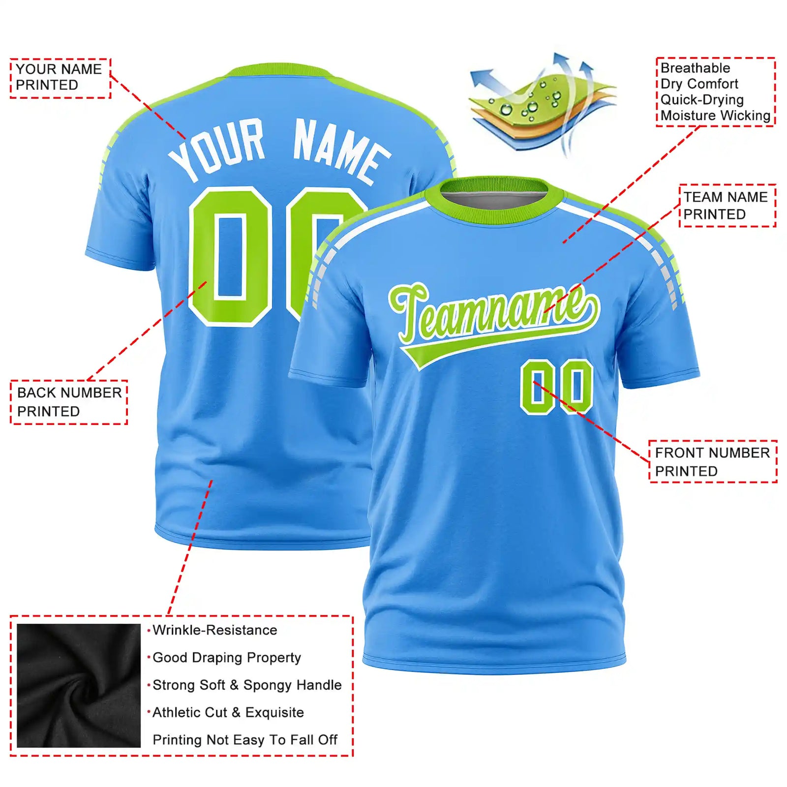 Custom Powder Blue Neon Green-White Performance T-Shirt
