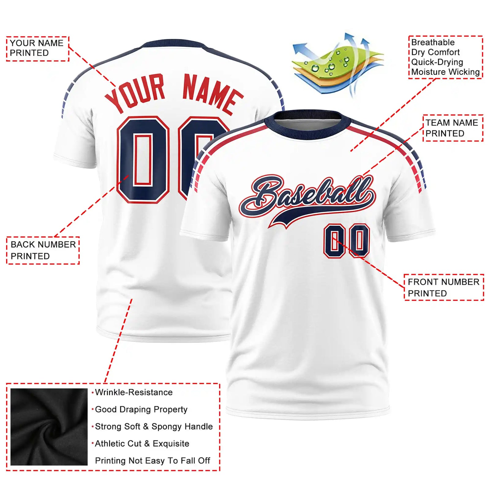 Custom White Navy-Red Performance T-Shirt