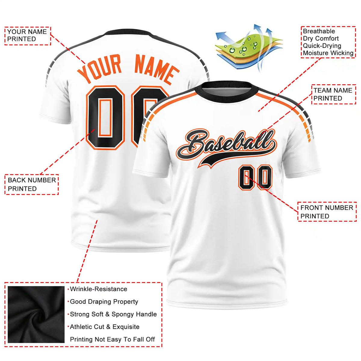 Custom White Black-Orange Performance T-Shirt