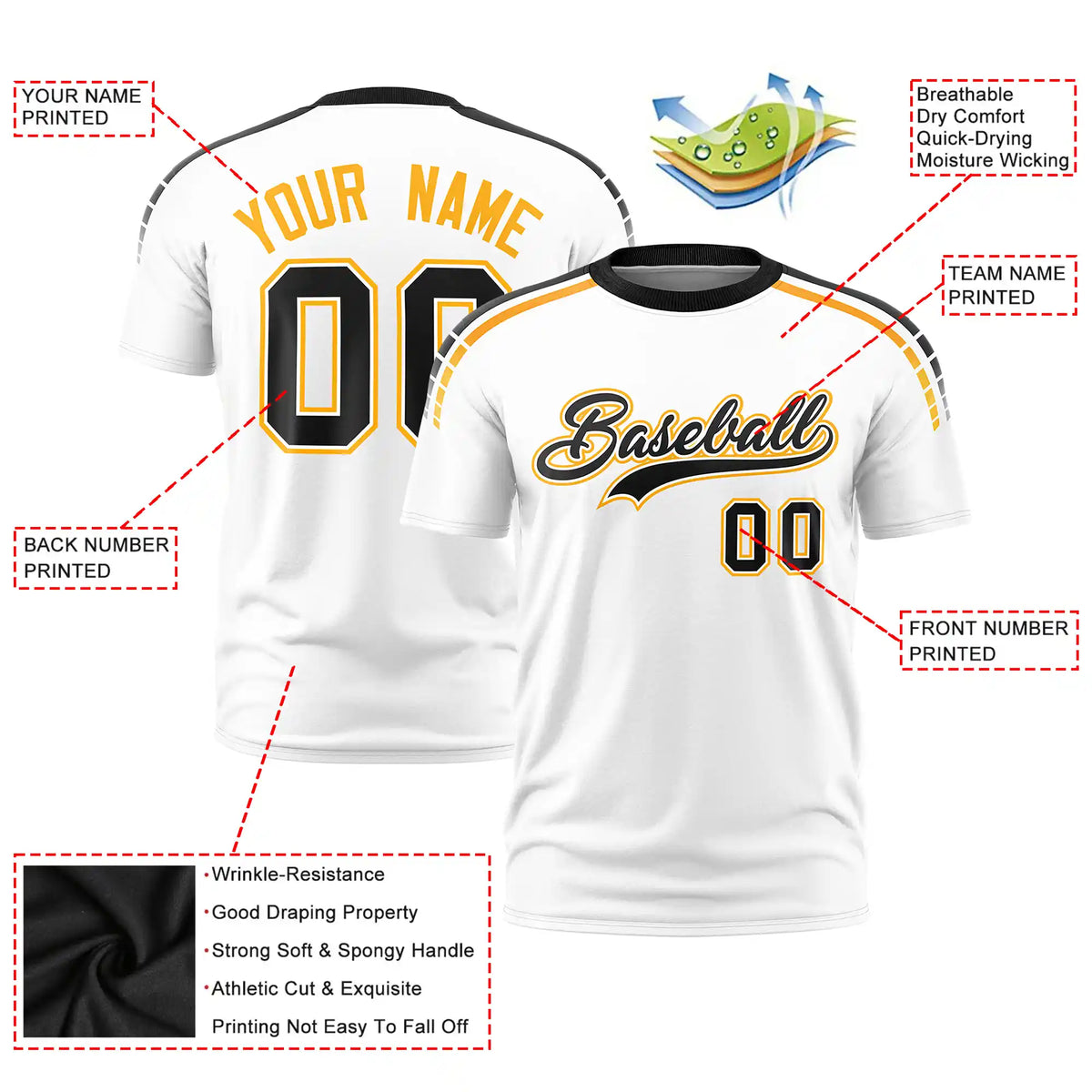 Custom White Black-Yellow Performance T-Shirt