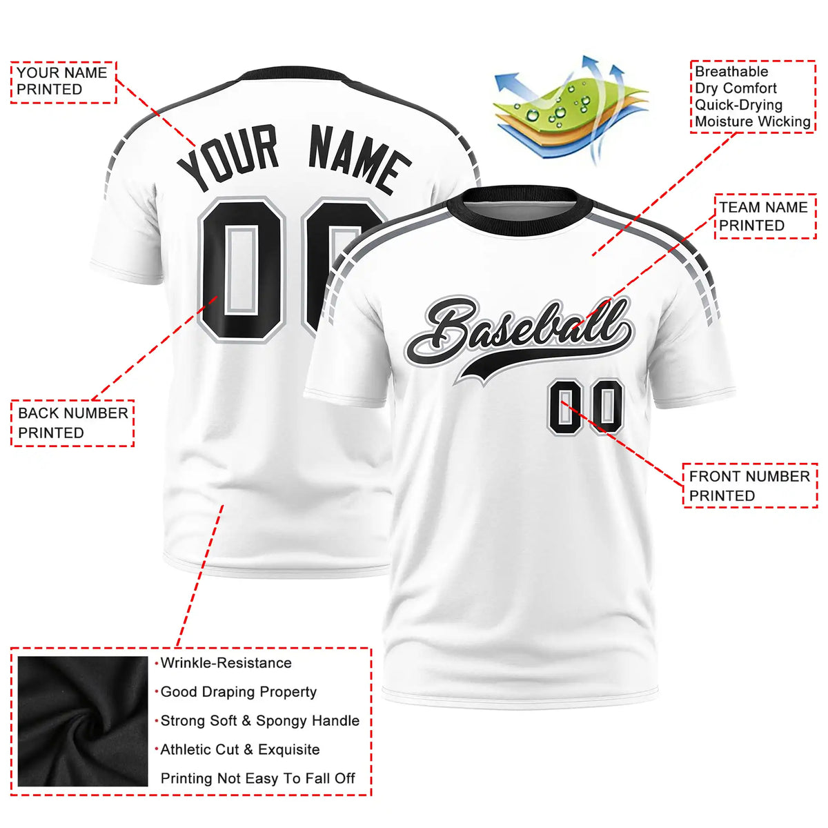 Custom White Black-Gray Performance T-Shirt