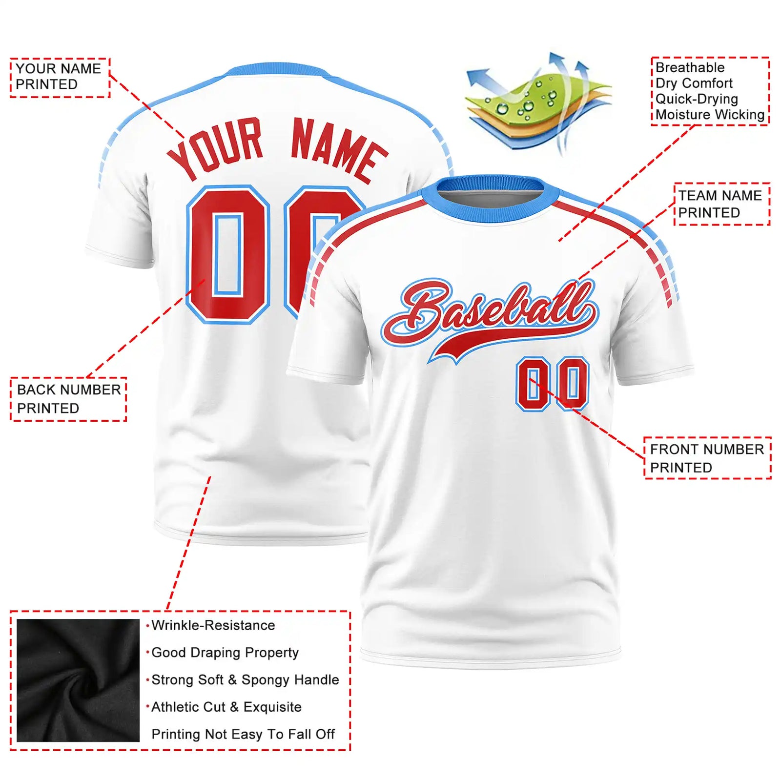 Custom White Powder Blue-Red Performance T-Shirt