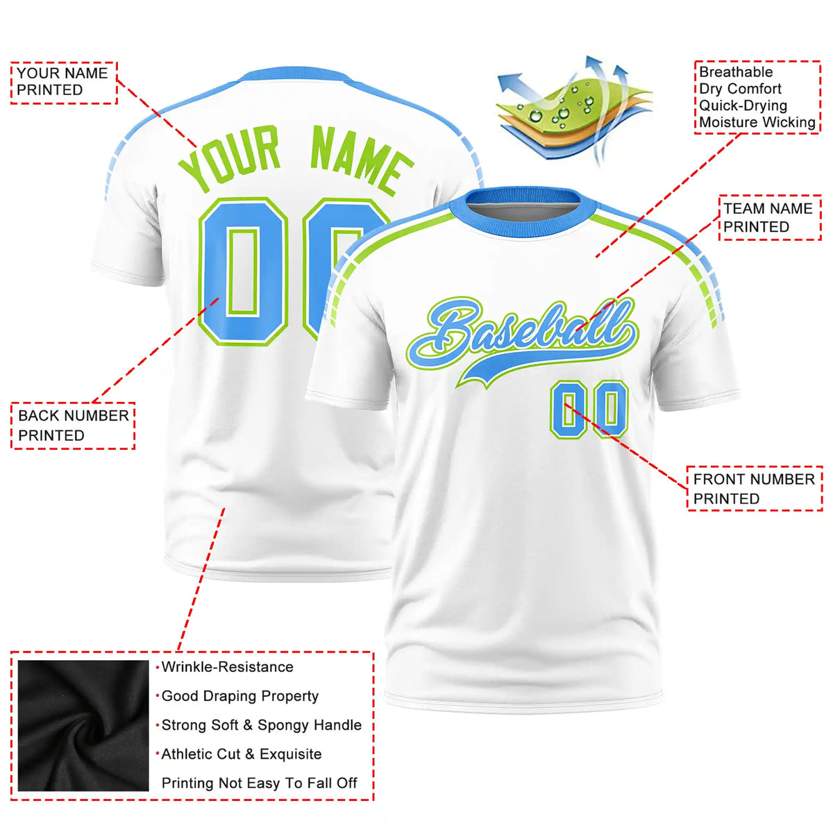 Custom White Powder Blue-Neon Green Performance T-Shirt