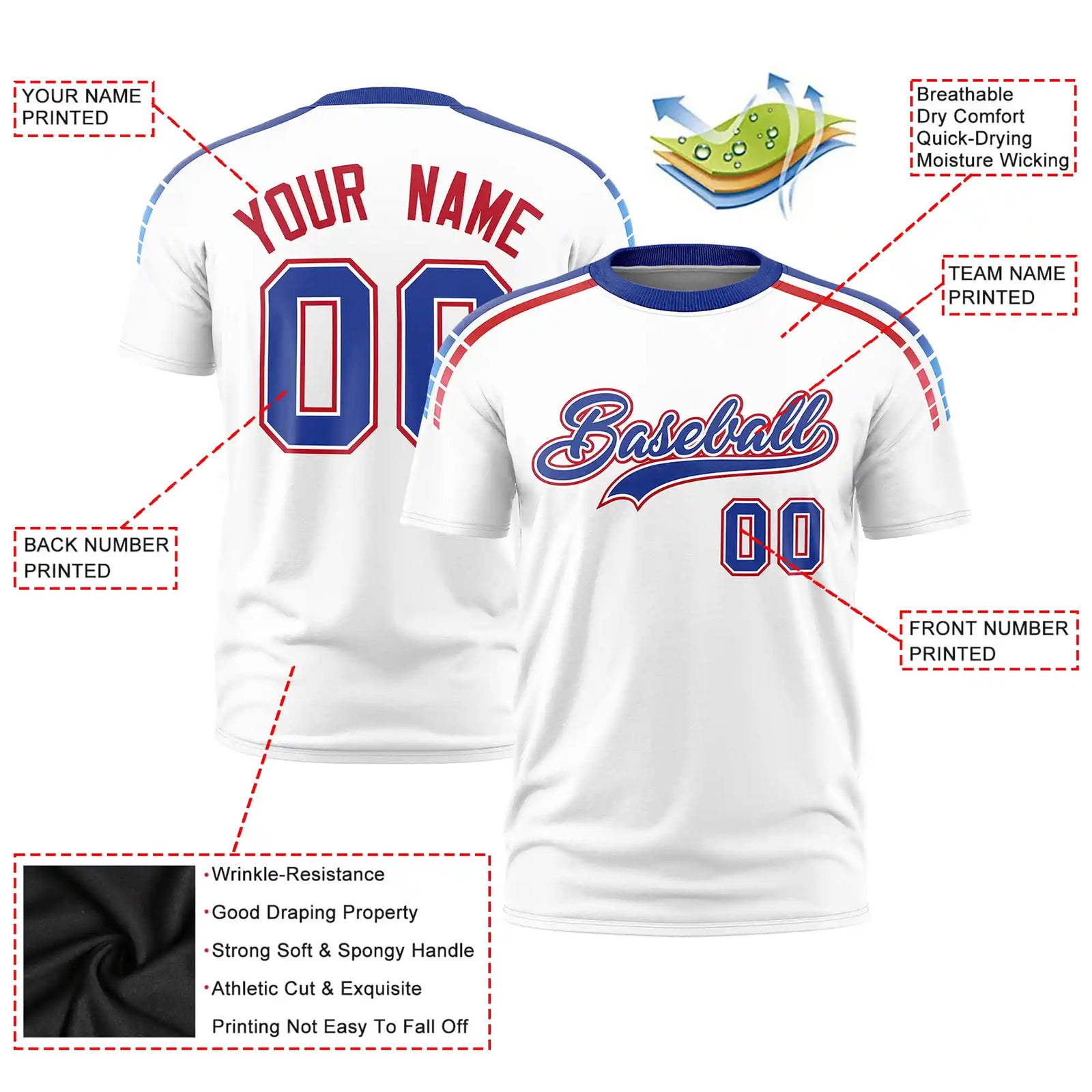 Custom White Royal Blue-Red Performance T-Shirt