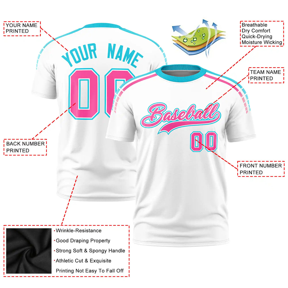 Custom White Sky Blue-Pink Performance T-Shirt