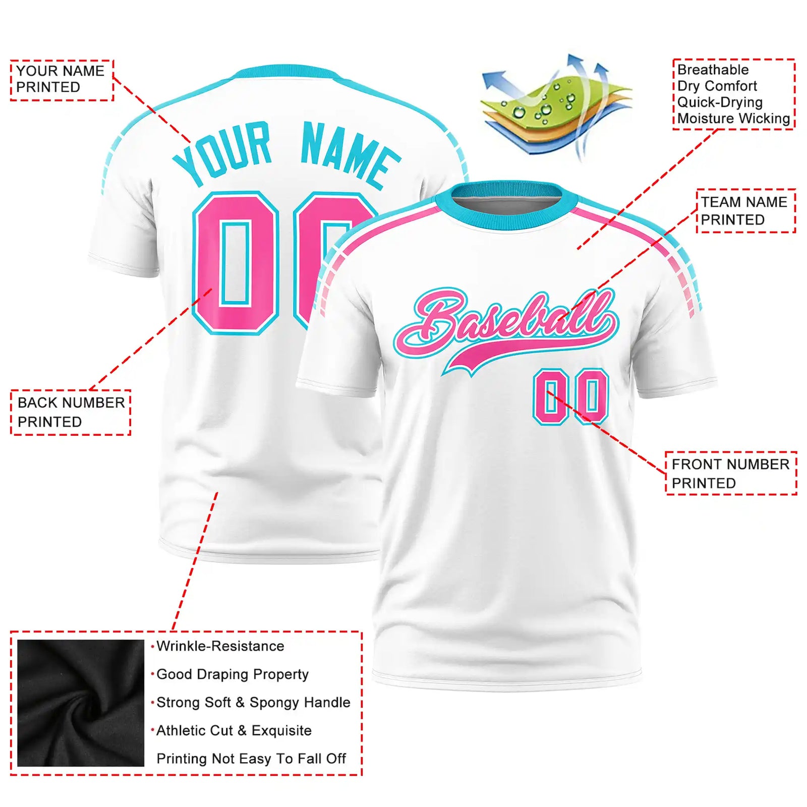 Custom White Sky Blue-Pink Performance T-Shirt