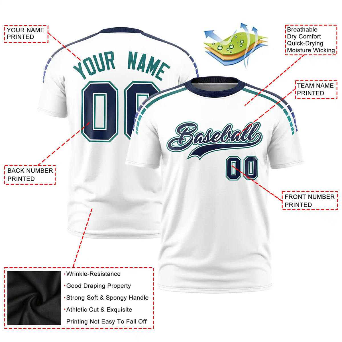Custom White Navy-Aqua Performance T-Shirt