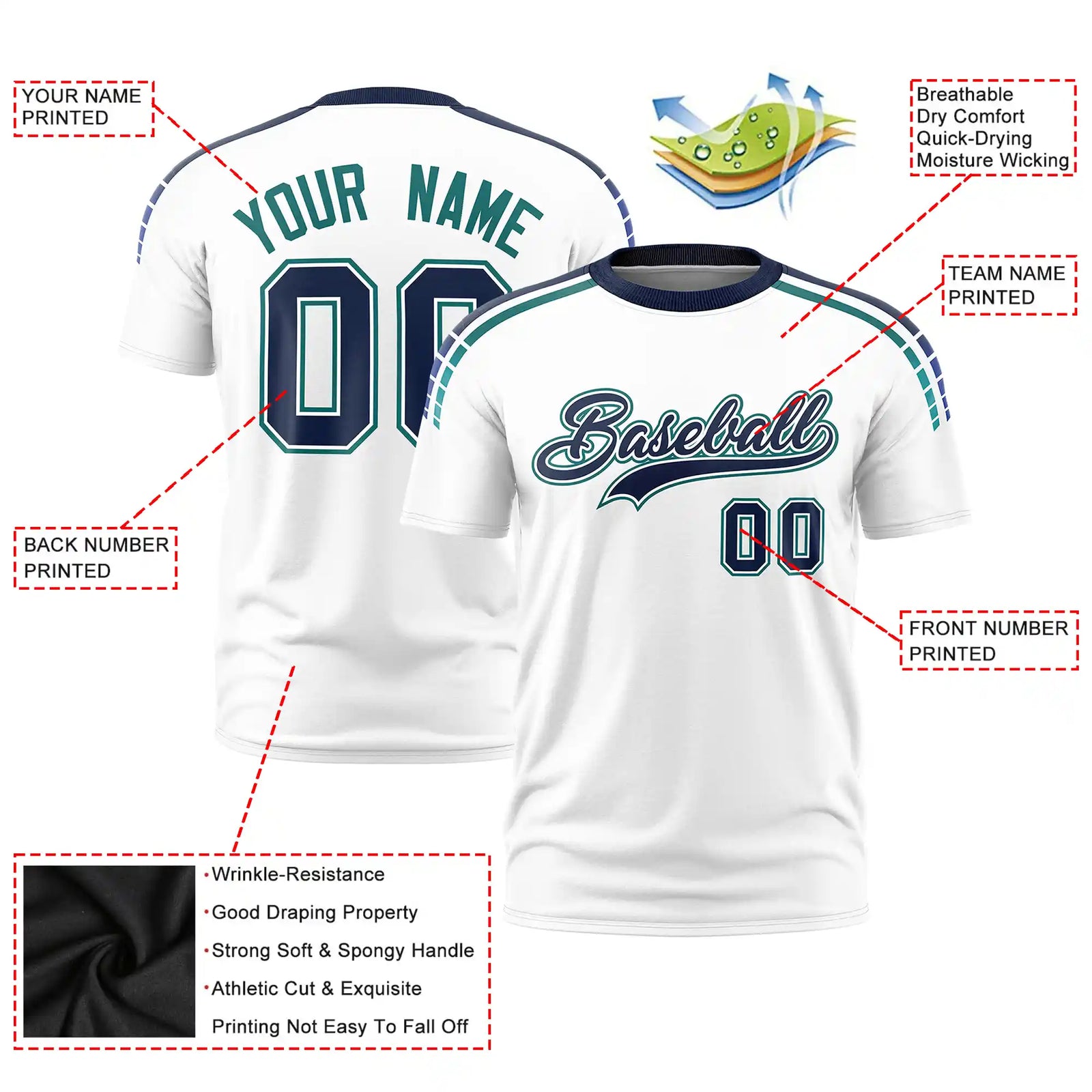 Custom White Navy-Aqua Performance T-Shirt
