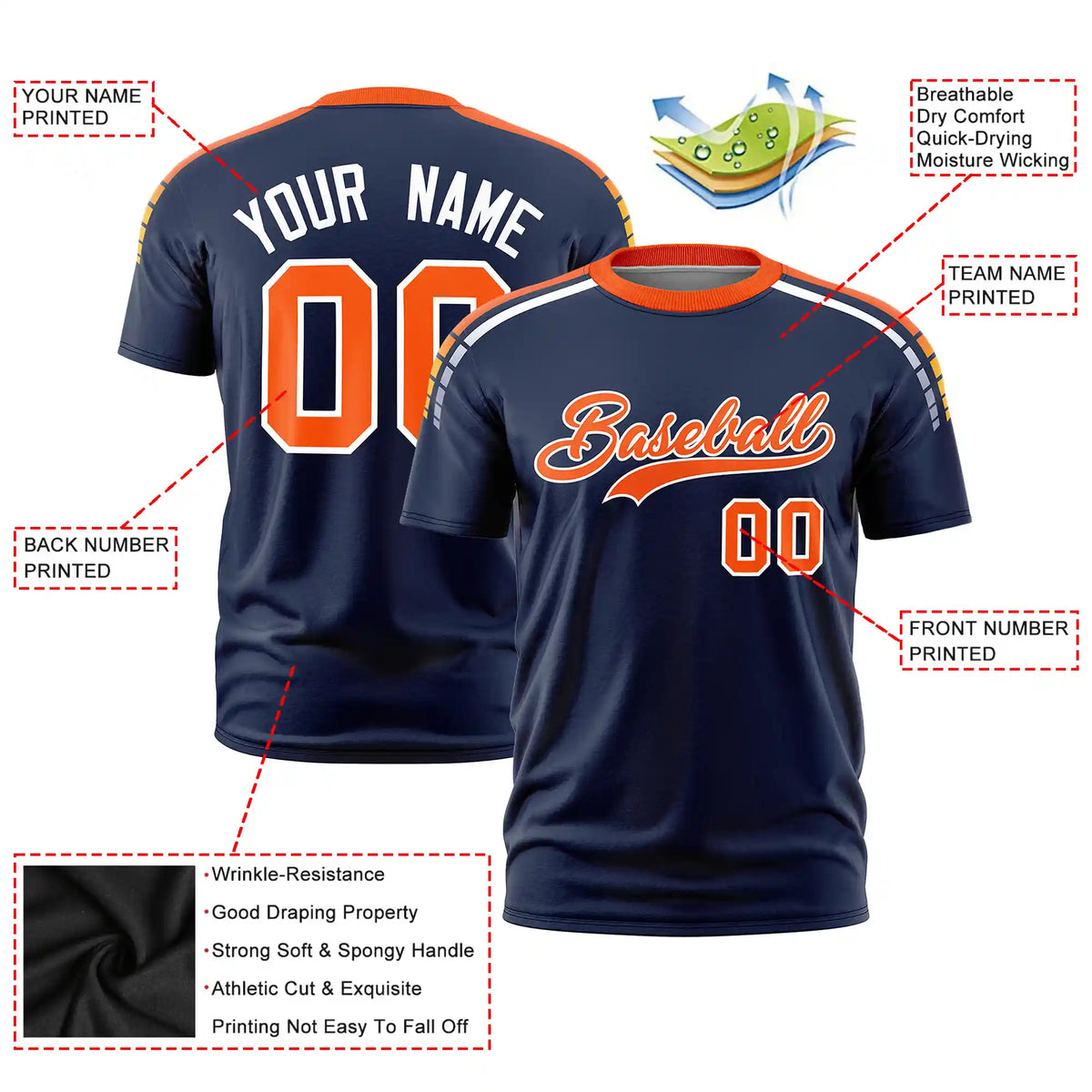 Custom Navy Orange-White Performance T-Shirt