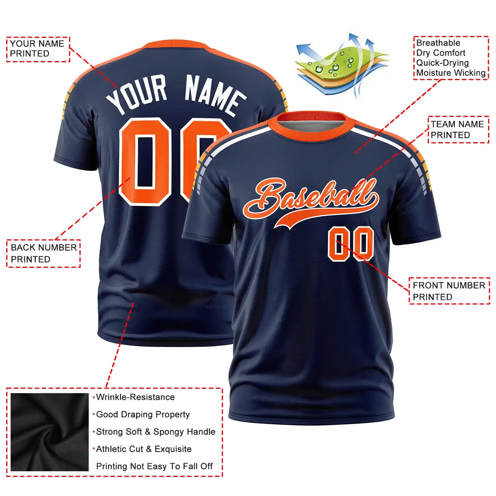 Custom Navy Orange-White Performance T-Shirt