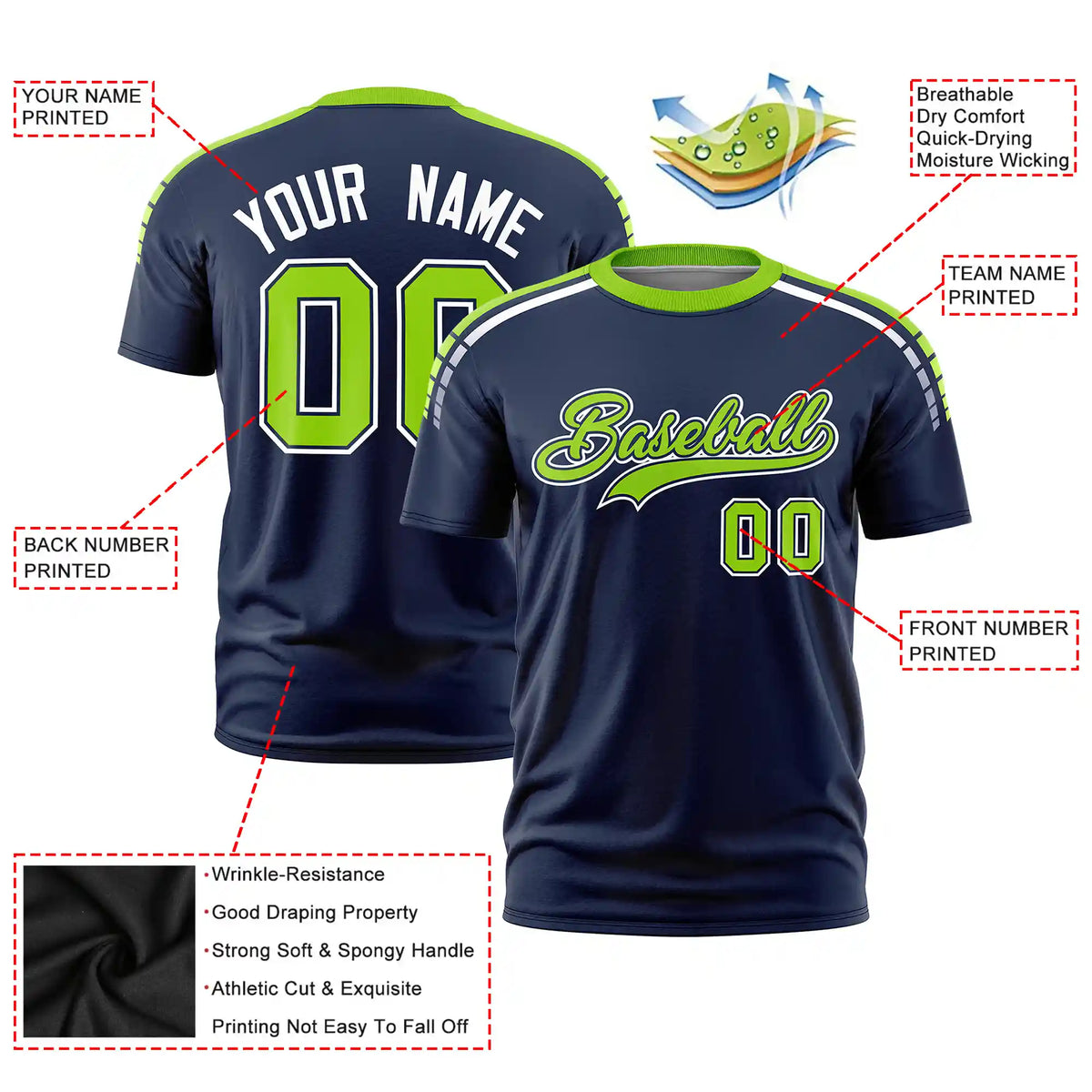 Custom Navy Neon Green-White Performance T-Shirt