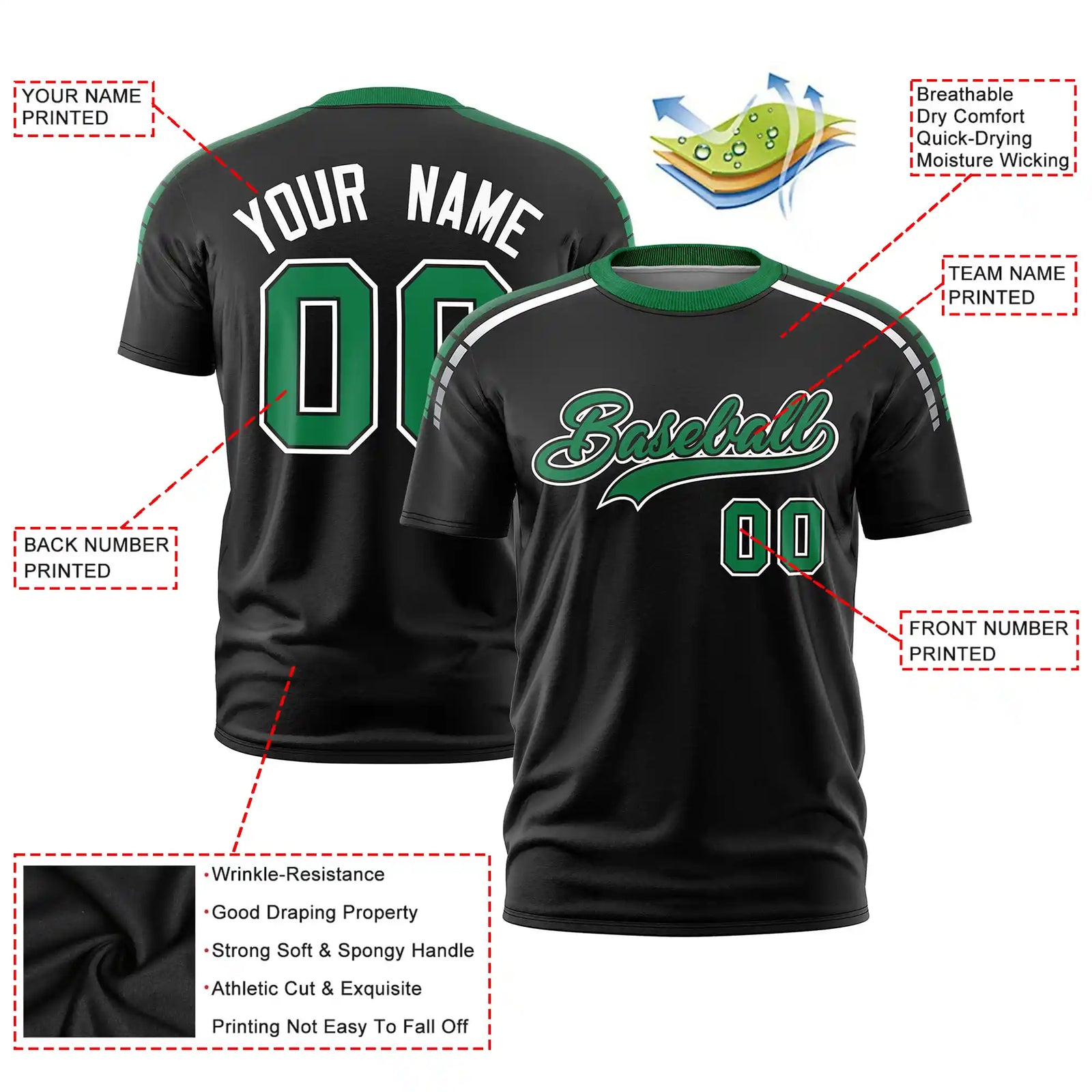 Custom Black Kelly Green-White Performance T-Shirt