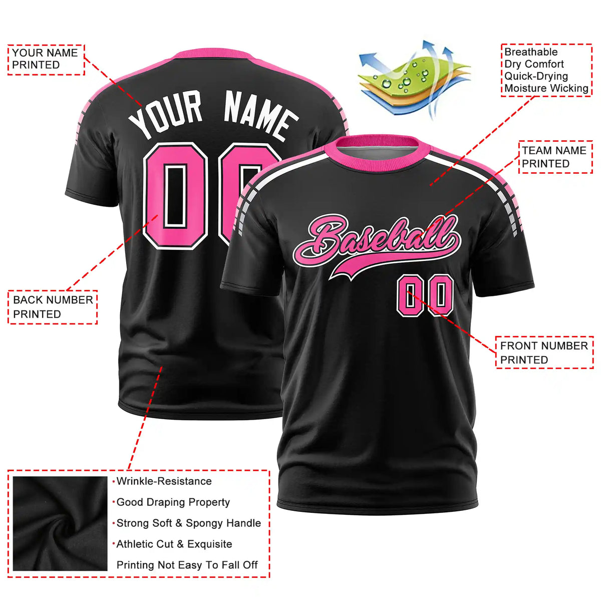 Custom Black Pink-White Performance T-Shirt