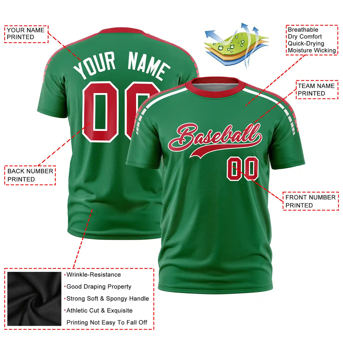 Custom Kelly Green Red-White Performance T-Shirt